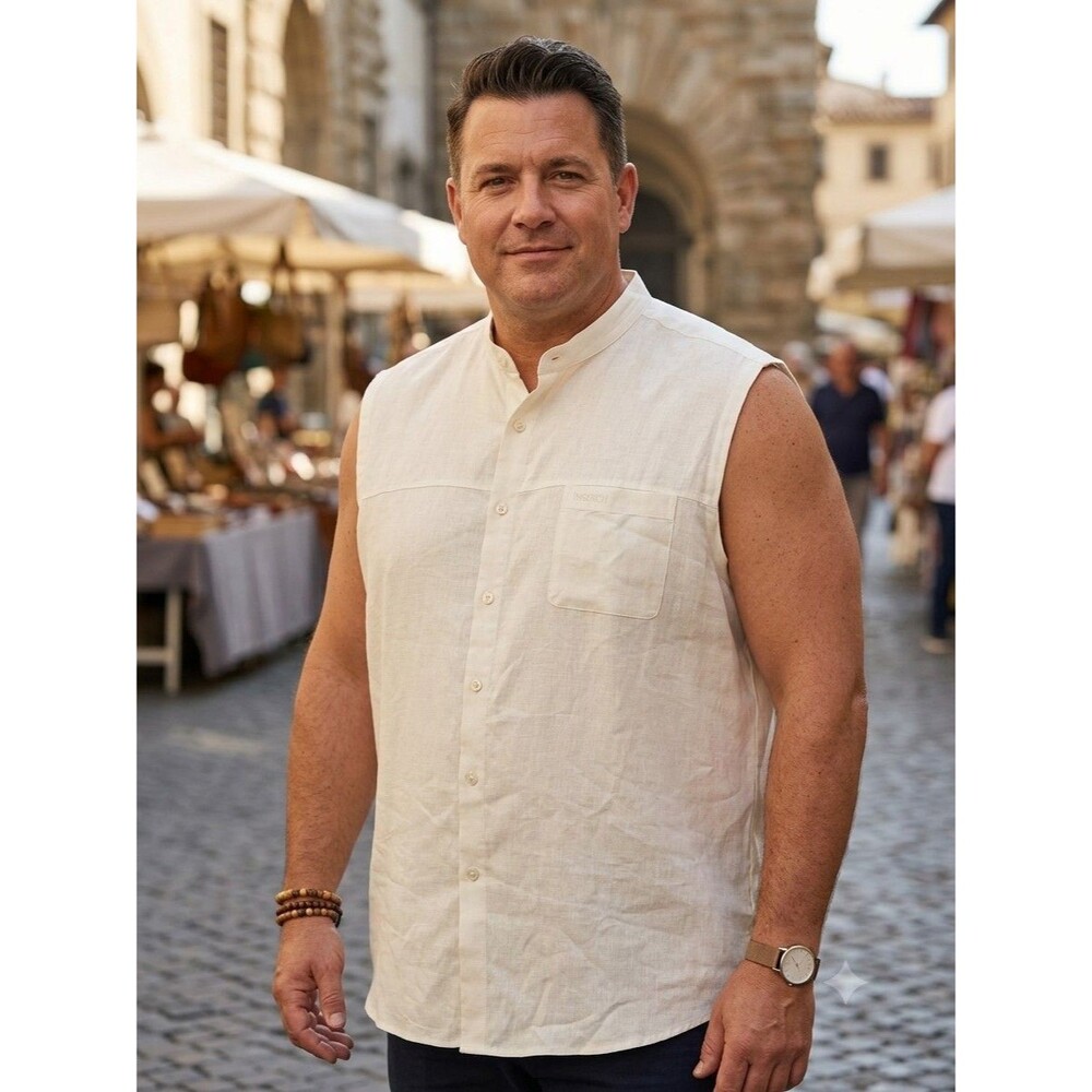 Inserch Men's 3XL White 100%  Linen Sleeveless Shirt Band Collar Guayabera  New